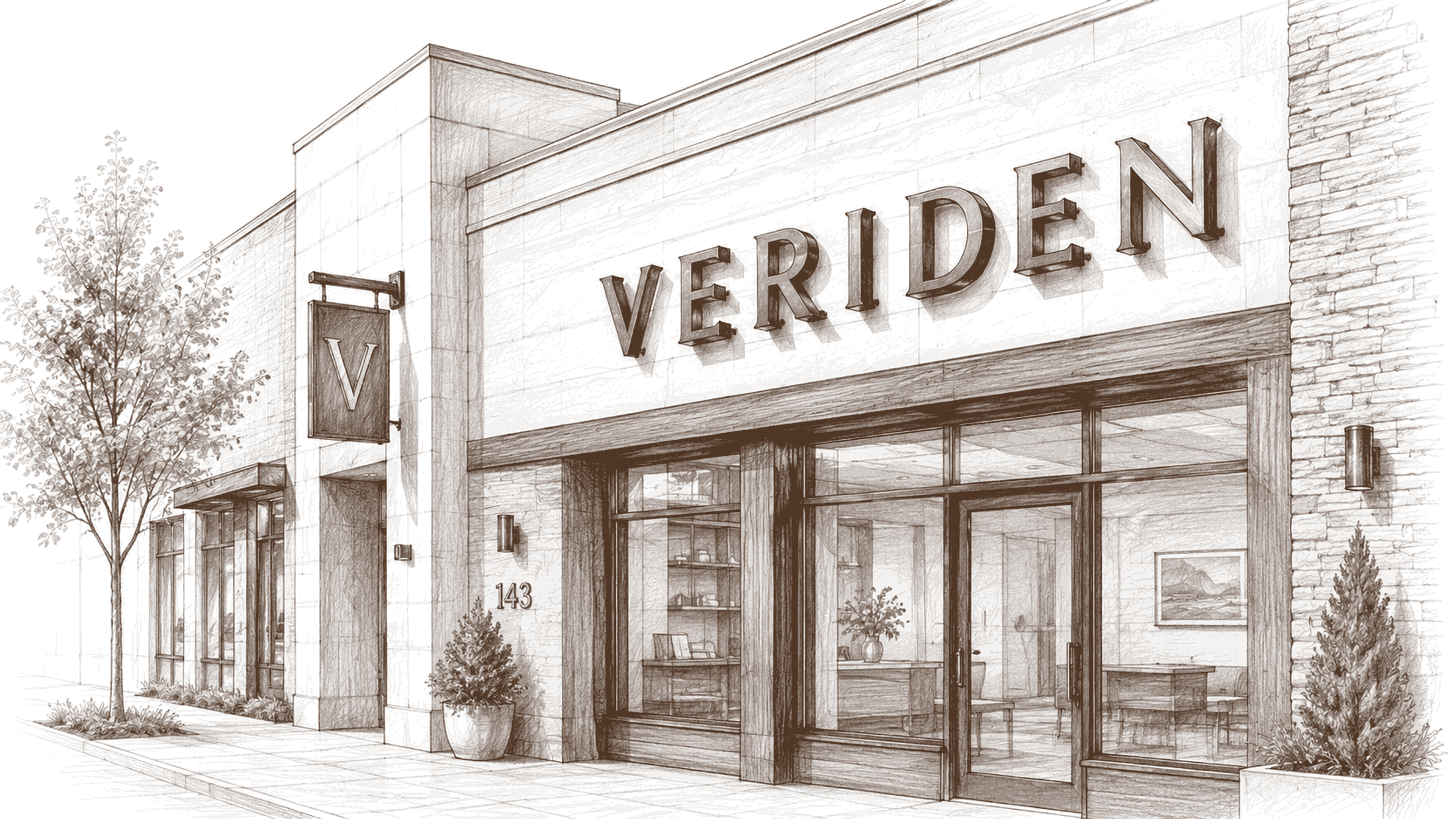 Dimensional sign sketch: a storefront with flat-cut dimensional building letters casting shadow lines above the windows and a projecting blade sign at the entrance